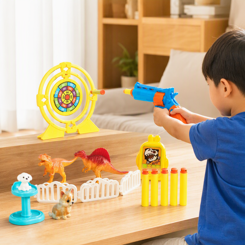 Color dinosaurio tema shooter set contiene azul naranja juguete arma blanco disco amarillo modelo de dinosaurio animal piercing cartucho de lanzamiento juguetes de puzzle para niños details Picture