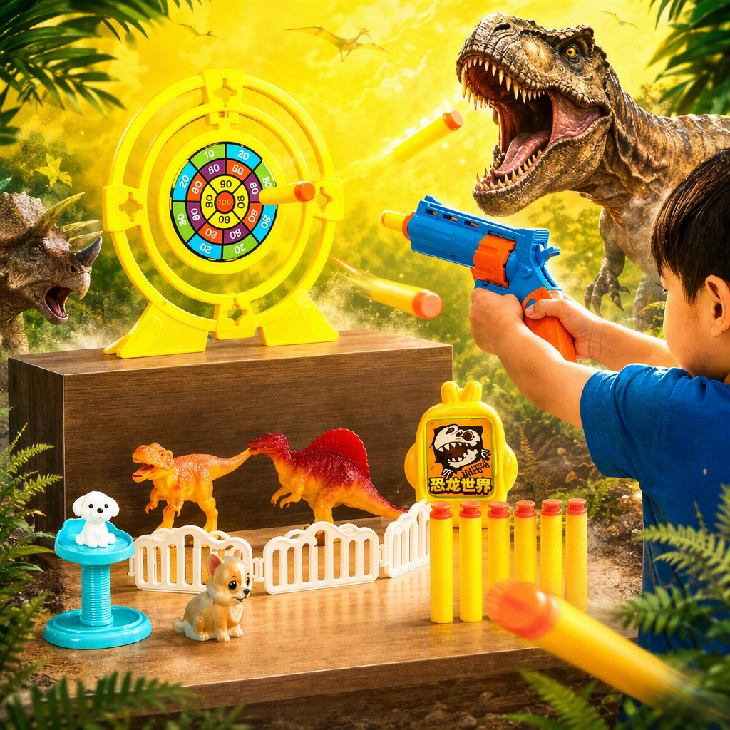 Color dinosaurio tema shooter set contiene azul naranja juguete arma blanco disco amarillo modelo de dinosaurio animal piercing cartucho de lanzamiento juguetes de puzzle para niños Specification image