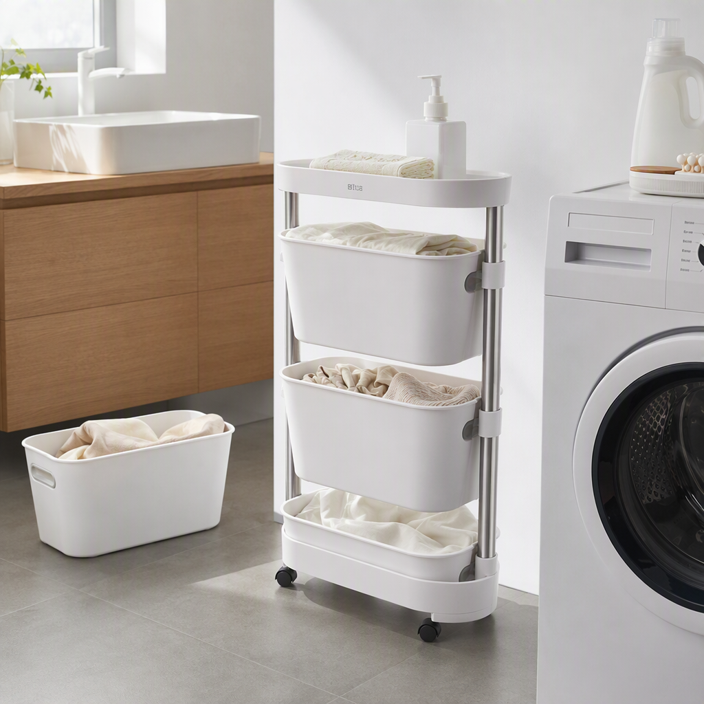【CL】26Q2#58630 White three-layer wheeled multi-functional storage and organization rack, bathroom without drilling, perforated board, mobile storage rack, storage rack details Picture