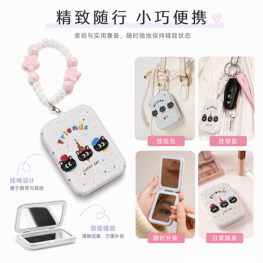 多彩珠串卡通小镜子套装创意装饰便携化妆镜儿童礼品趣味手工配件详情1