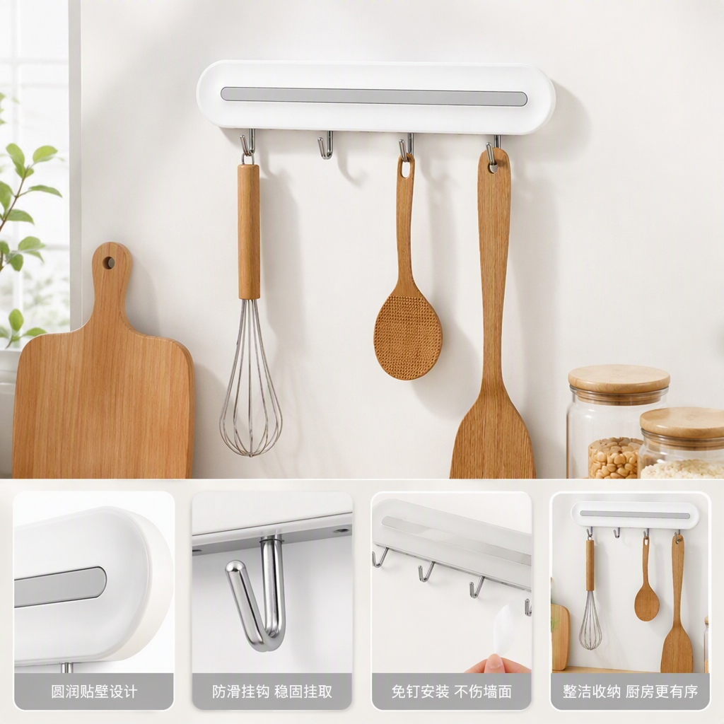 【CL】26Q2#57714 White wall-mounted kitchenware rack, wooden storage rack, laundry detergent, glove hook, pegboard, dormitory storage rack, multi-functional organizing rack