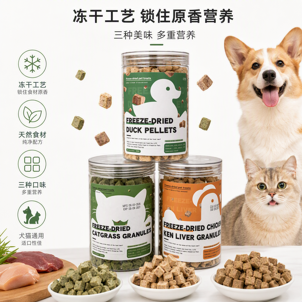 A multi-flavor pet canned freeze-dried snack set with duck pellet, cat grass granules, chicken liver granules, suitable for dogs and cats to supplement nutrition. Pet canned freeze-dried Specification image