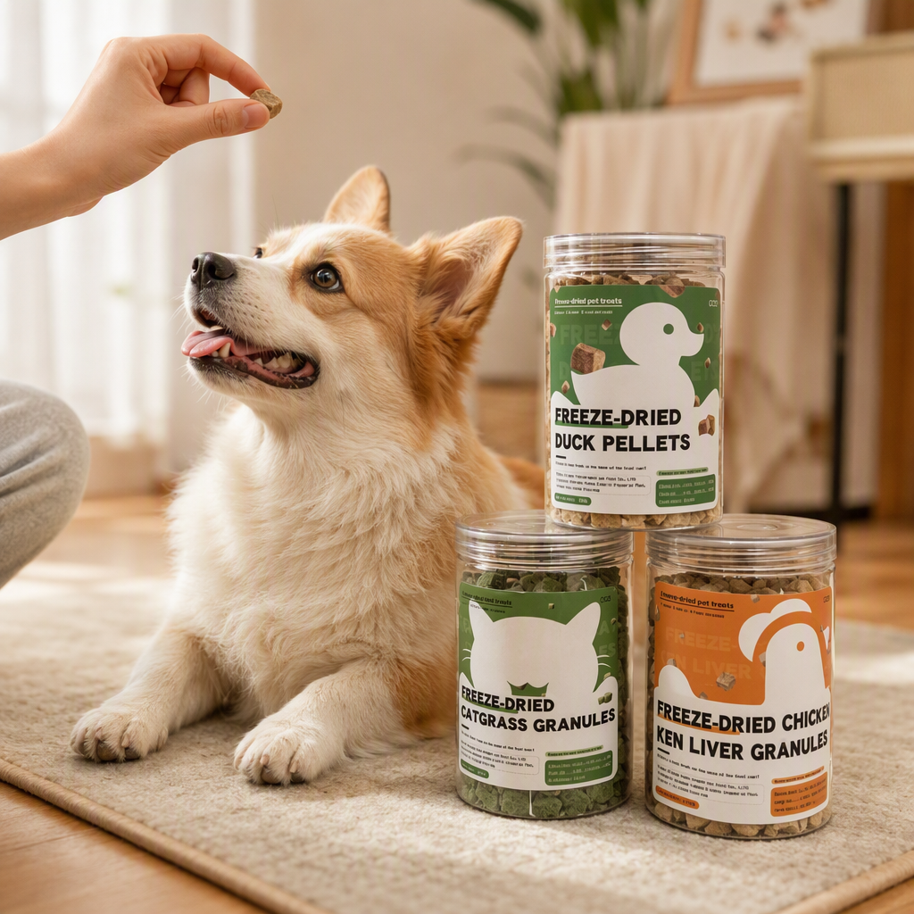 A multi-flavor pet canned freeze-dried snack set with duck pellet, cat grass granules, chicken liver granules, suitable for dogs and cats to supplement nutrition. Pet canned freeze-dried details Picture