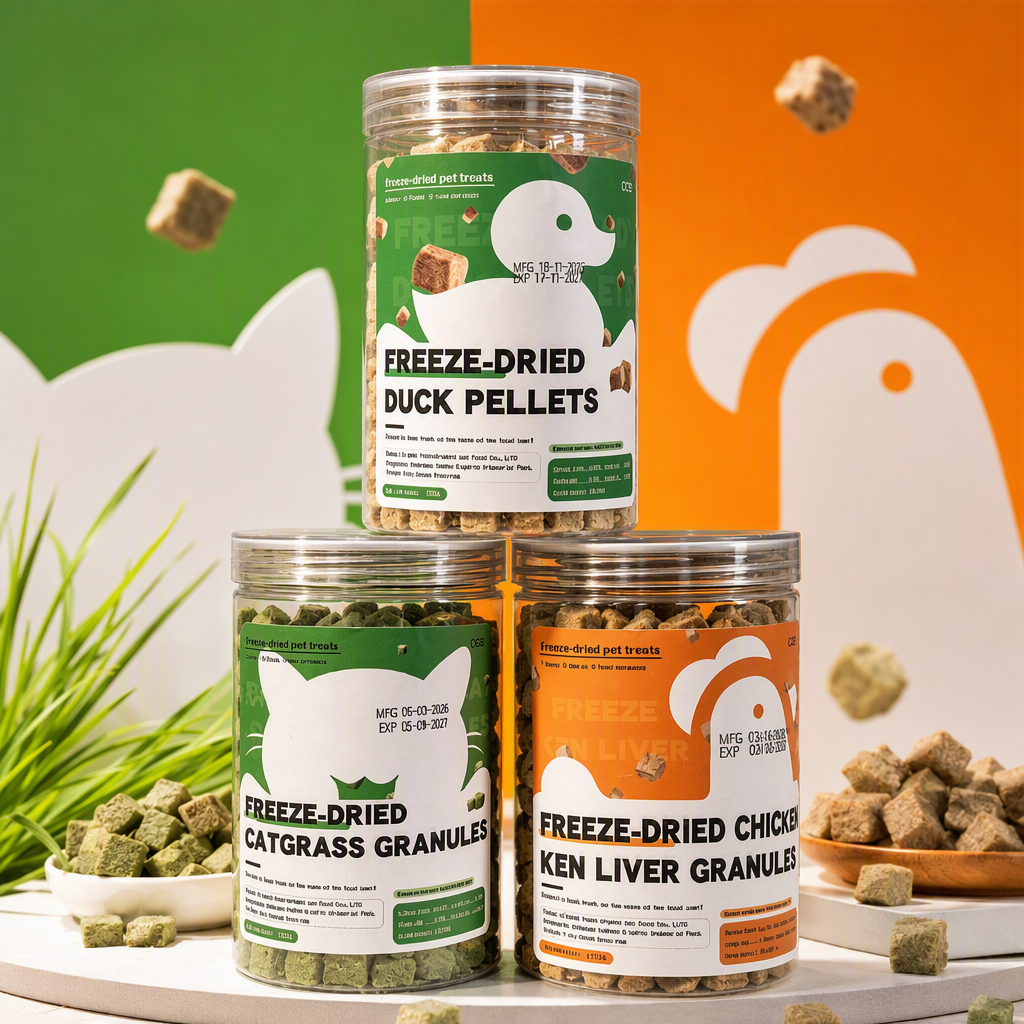 A multi-flavor pet canned freeze-dried snack set with duck pellet, cat grass granules, chicken liver granules, suitable for dogs and cats to supplement nutrition. Pet canned freeze-dried