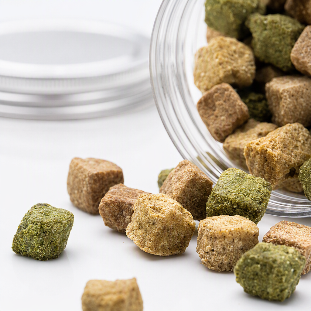 A multi-flavor pet canned freeze-dried snack set with duck pellet, cat grass granules, chicken liver granules, suitable for dogs and cats to supplement nutrition. Pet canned freeze-dried Application Scenario