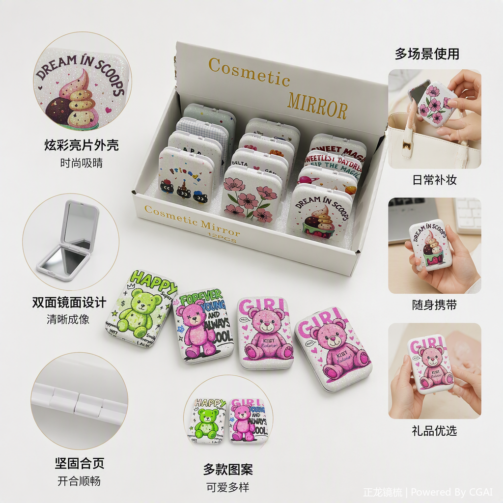 可爱卡通小熊便携化妆镜盒多色可选便携收纳防摔学生女生礼物详情2