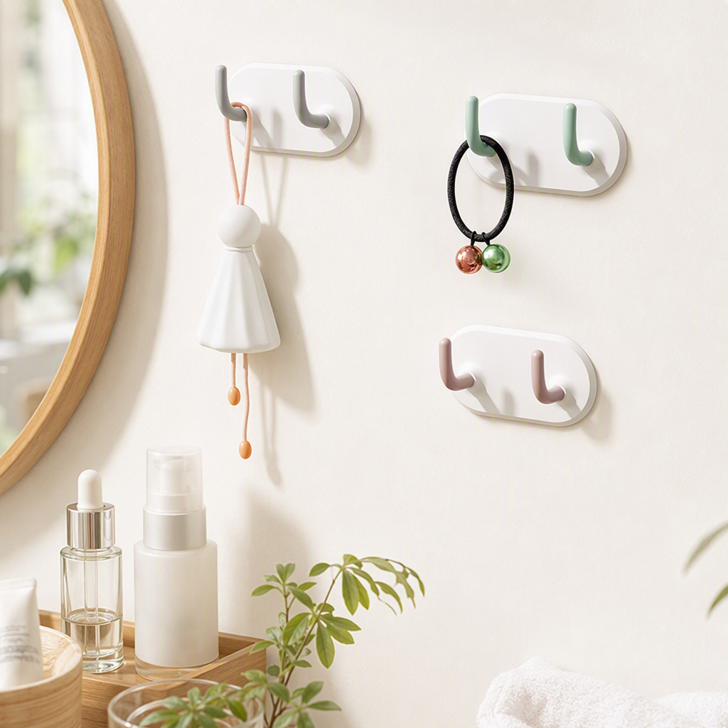 【CL】26Q2#57716 White wall-mounted double-hook storage rack, seamless adhesive hook, magnetic hook, multi-functional kitchen and bathroom wall hanging accessory details Picture