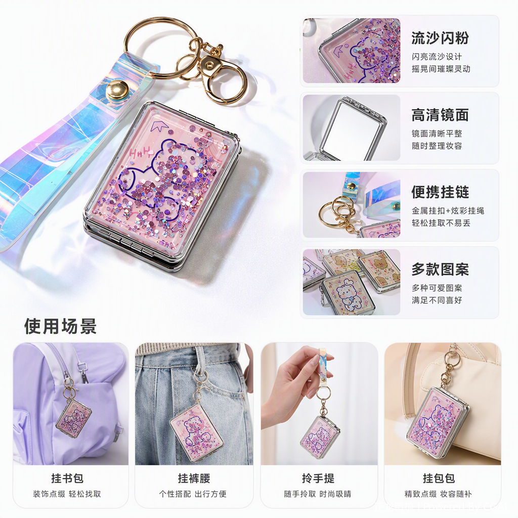 彩色亮片小镜子钥匙扣时尚创意便携挂件多彩装饰礼品赠品详情1