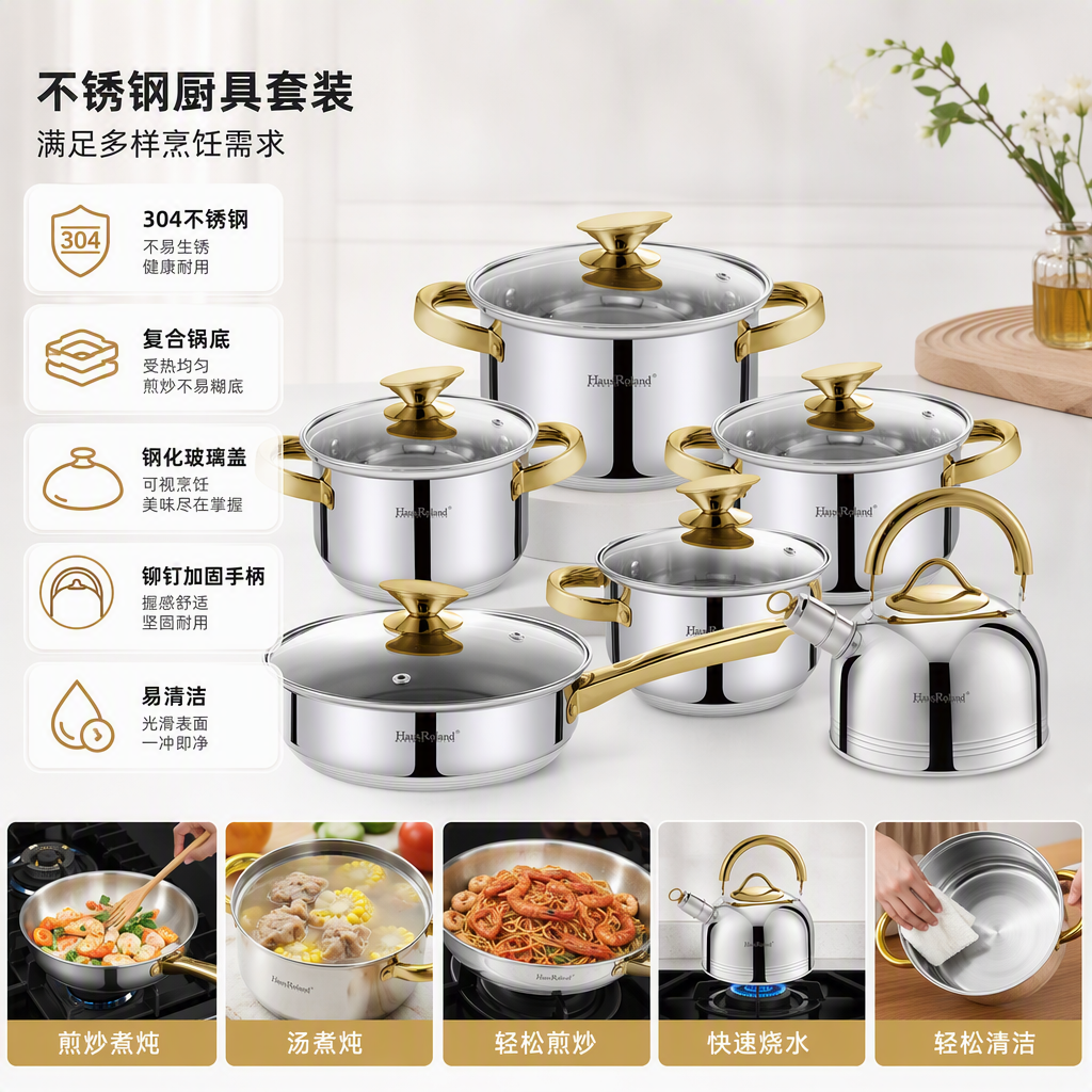Multi-functional kitchen cookware set, household soup and stir-frying pot combination, durable and practical, daily necessities and kitchenware HR150-3 details Picture