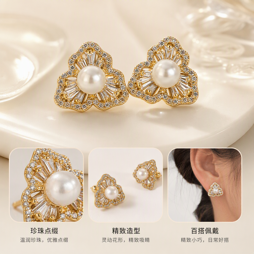 Shining golden flower-shaped pearl stud earrings, simple and elegant, versatile earrings, trendy women's accessories