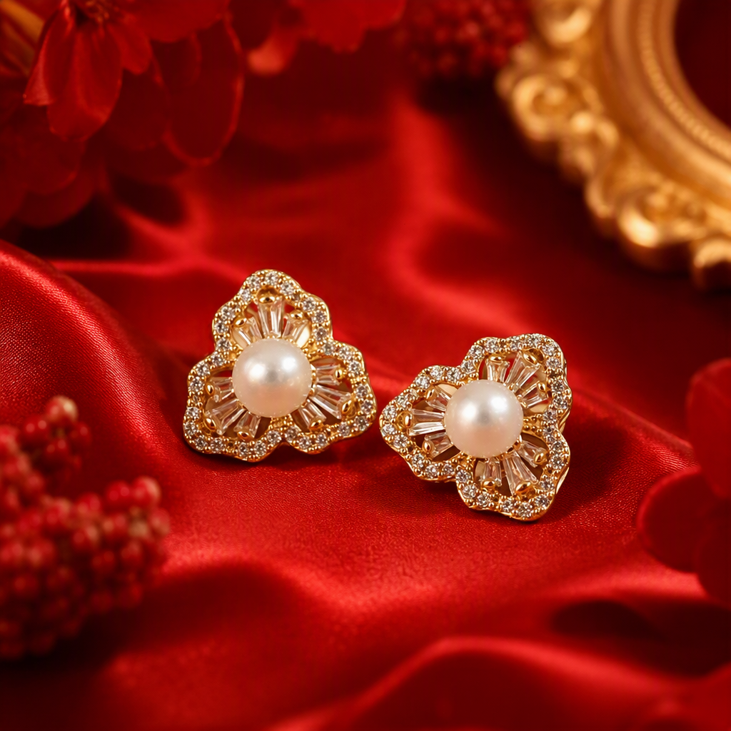Shining golden flower-shaped pearl stud earrings, simple and elegant, versatile earrings, trendy women's accessories Specification image