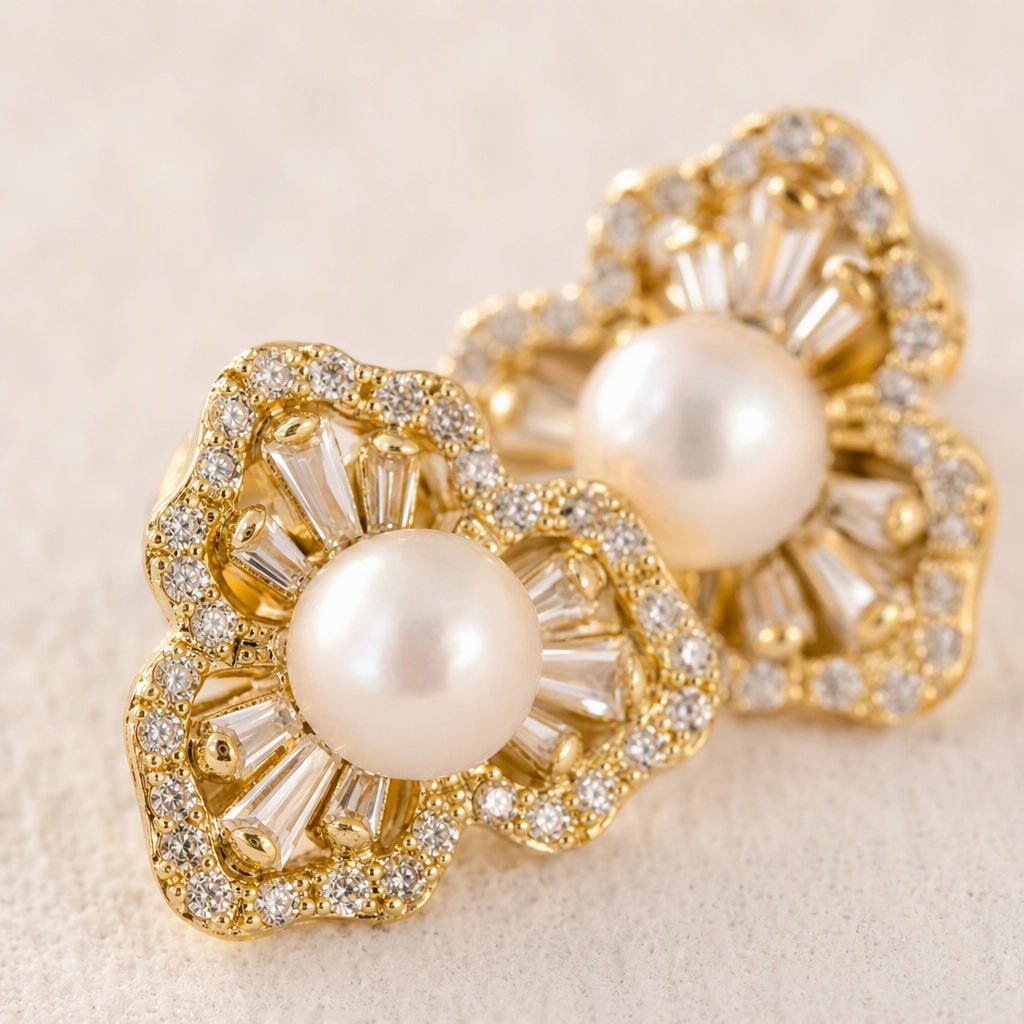 Shining golden flower-shaped pearl stud earrings, simple and elegant, versatile earrings, trendy women's accessories Application Scenario