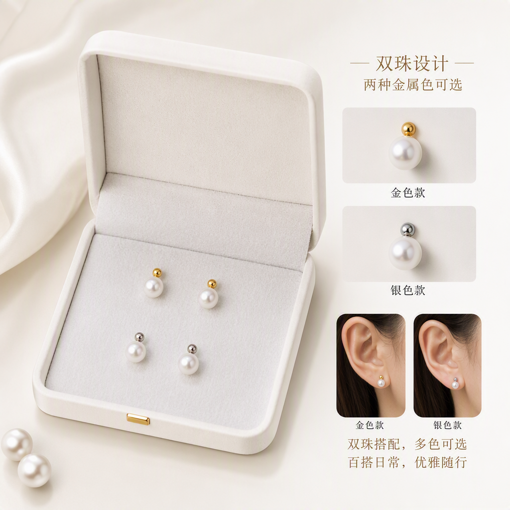 The white jewelry box features four pearl stud earrings, a gold and silver base, and an upper and lower row design. It is simple and fashionable for storing accessories and gifts