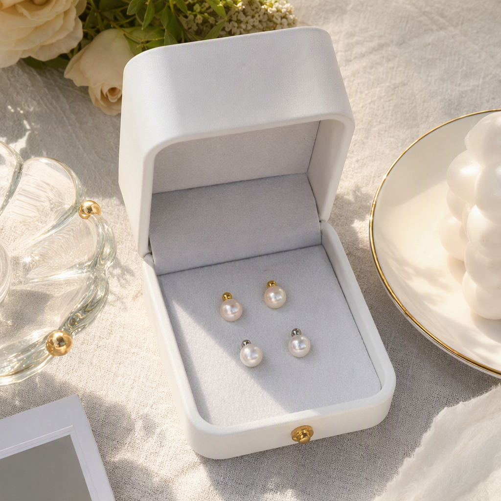 The white jewelry box features four pearl stud earrings, a gold and silver base, and an upper and lower row design. It is simple and fashionable for storing accessories and gifts details Picture