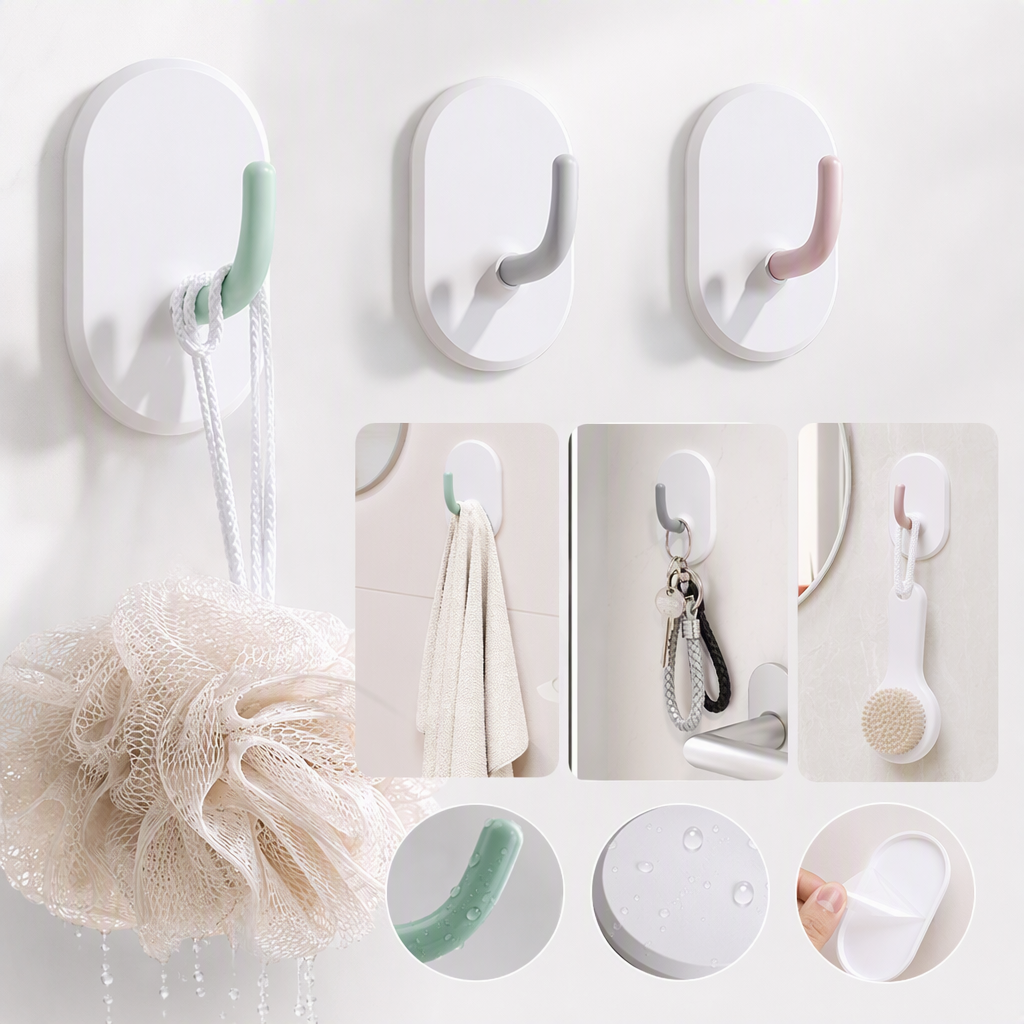 【CL】26Q2#57718 White oval-shaped seamless adhesive hook, colored handle, double-sided magnetic hook, no need for drilling, strong adhesive for household storage items