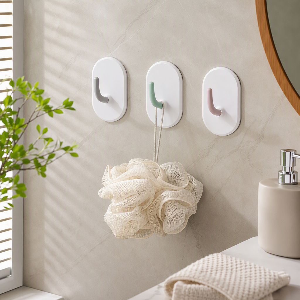 【CL】26Q2#57718 White oval-shaped seamless adhesive hook, colored handle, double-sided magnetic hook, no need for drilling, strong adhesive for household storage items details Picture