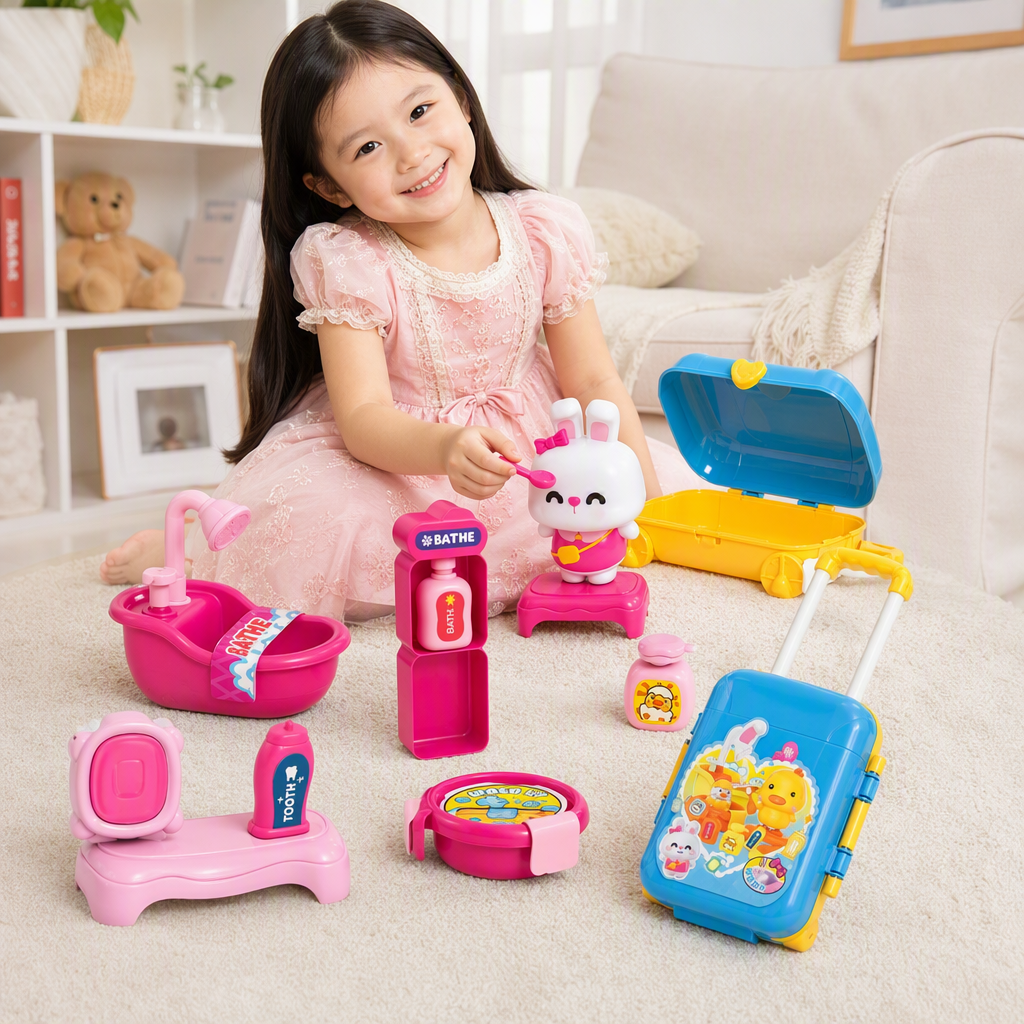 Blue trolley case toy set, including pink bathtub, rabbit doll, shower head, toiletries, bathroom play accessories, children's toy gift box details Picture