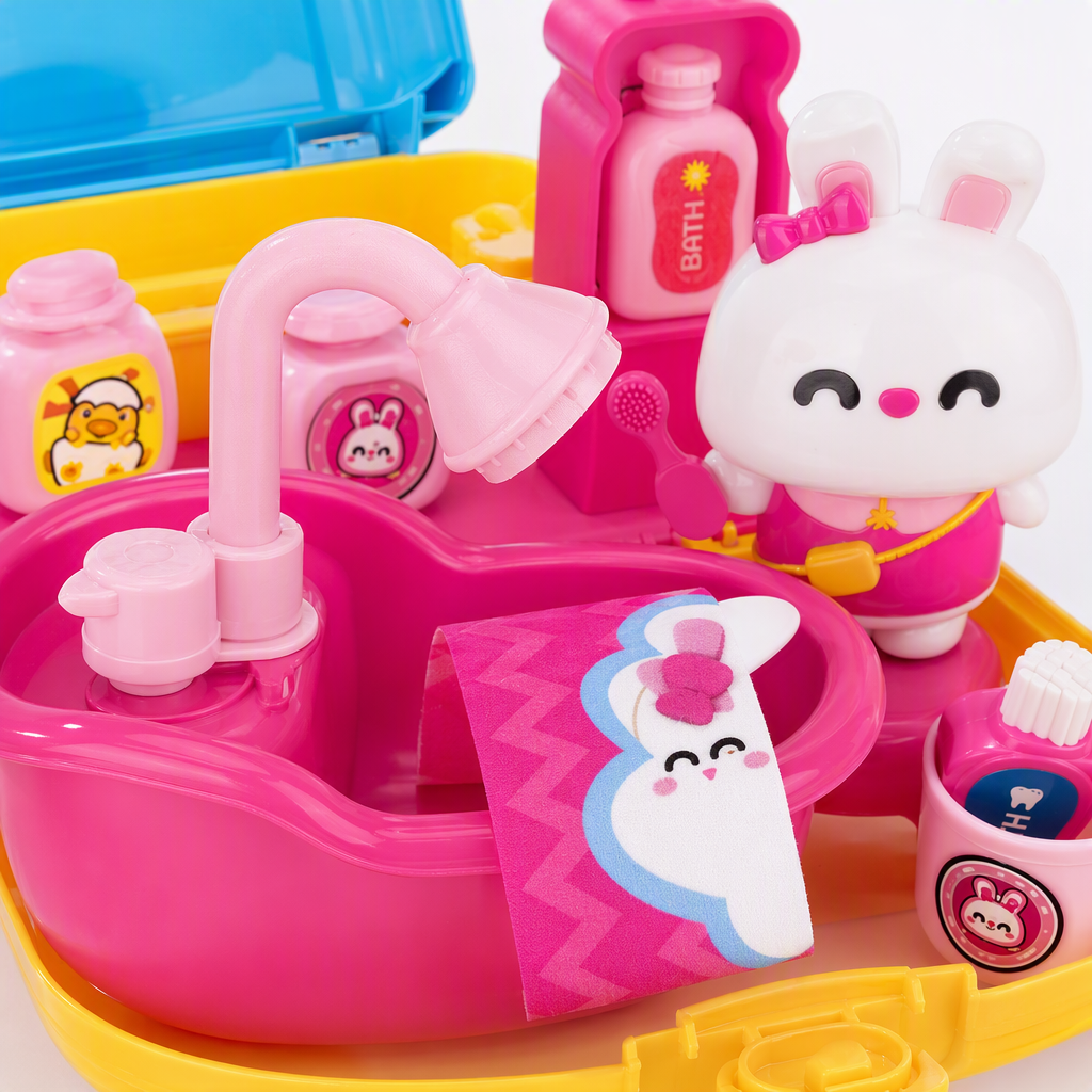 Blue trolley case toy set, including pink bathtub, rabbit doll, shower head, toiletries, bathroom play accessories, children's toy gift box Application Scenario