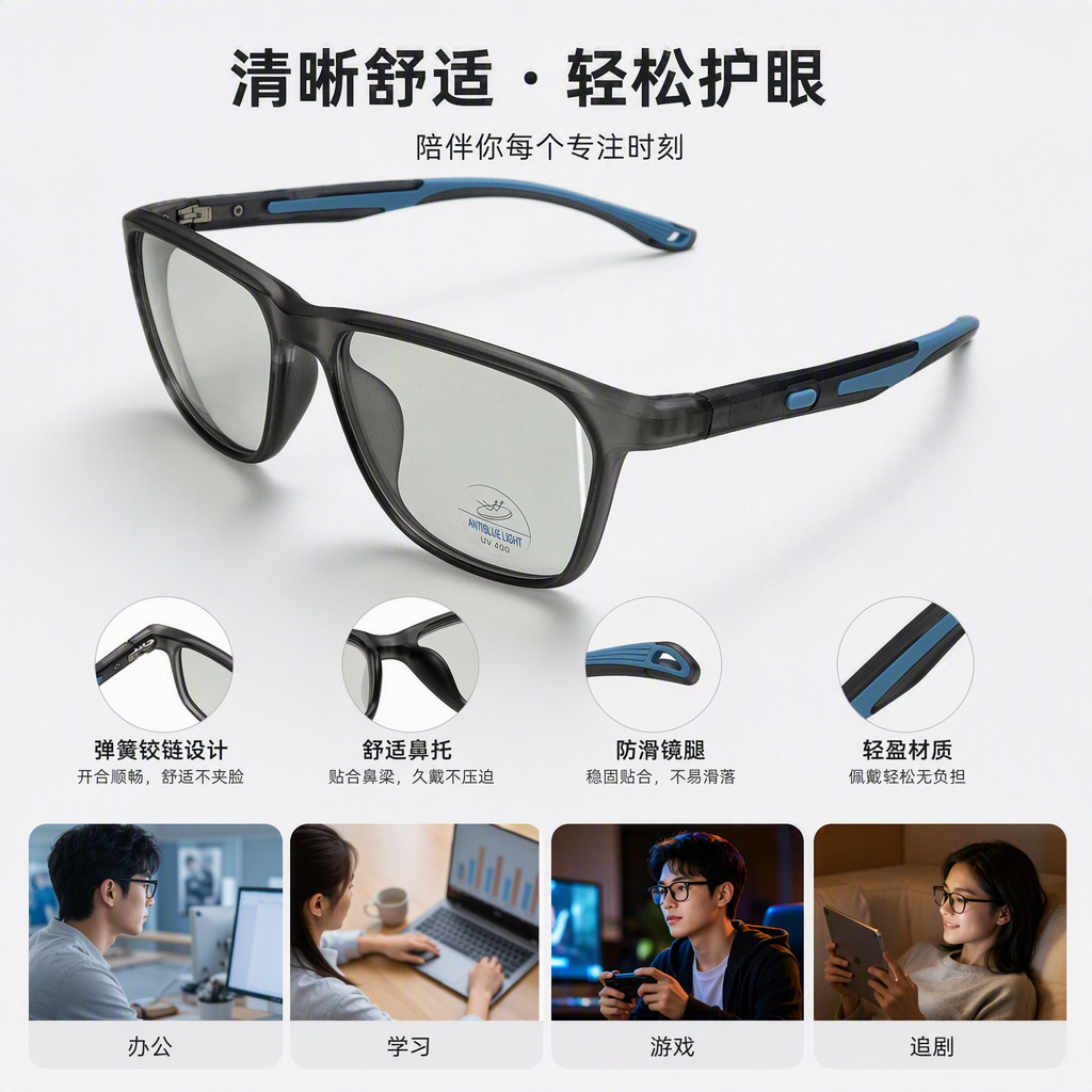 Moda tendencia negro y azul gafas unisex hd anti luz azul montura ligera y cómoda