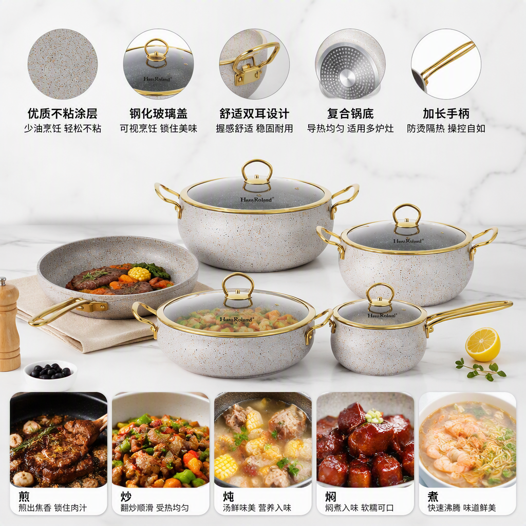 Conjunto multifuncional de utensilios de cocina olla de sopa casera olla wok olla combinación de utensilios de cocina duraderos y prácticos HR159-3 Application Scenario