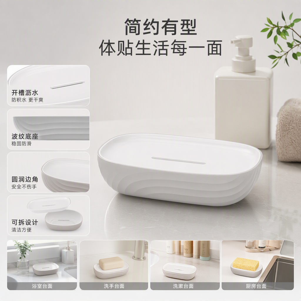 【CL】26Q2#58823 White wavy Ceramic soap box suction cup soap drain box Simple anti-slip hand soap rack storage supplies