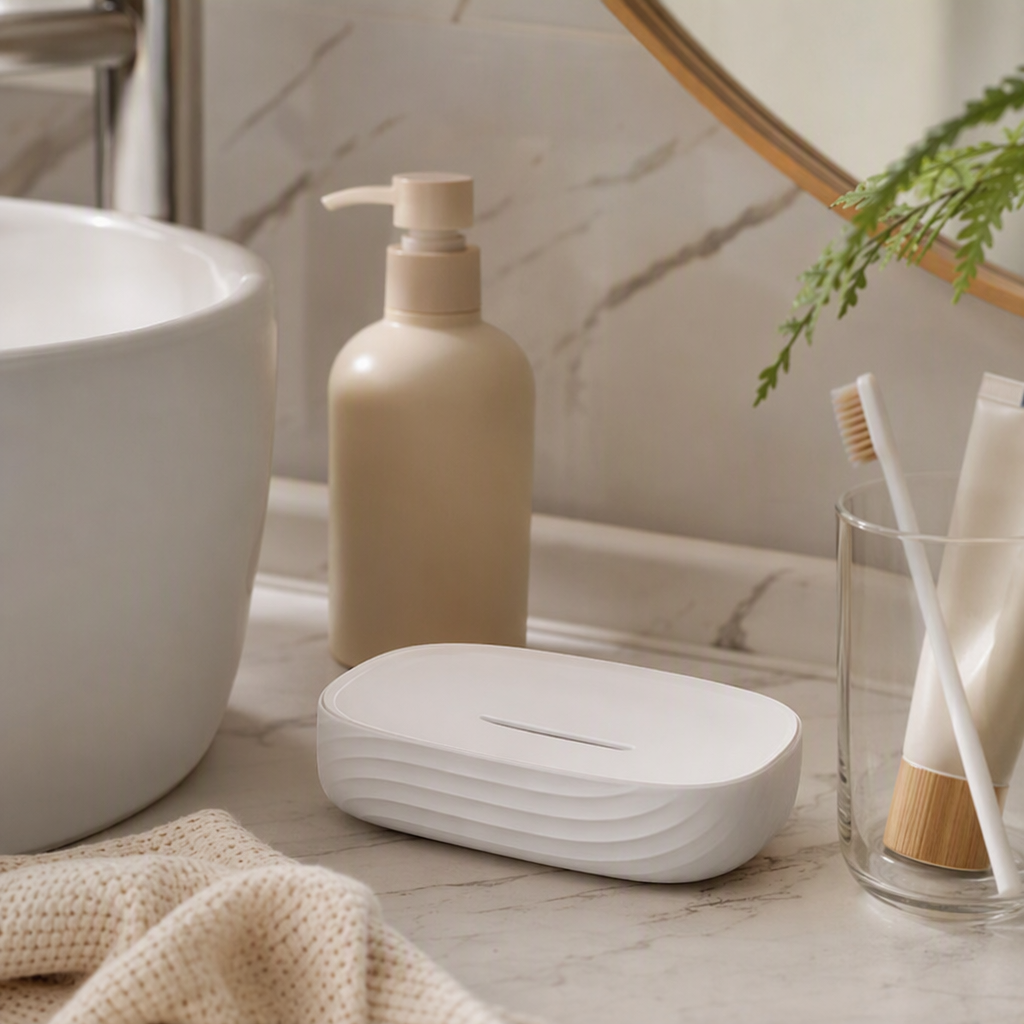 【CL】26Q2#58823 White wavy Ceramic soap box suction cup soap drain box Simple anti-slip hand soap rack storage supplies details Picture