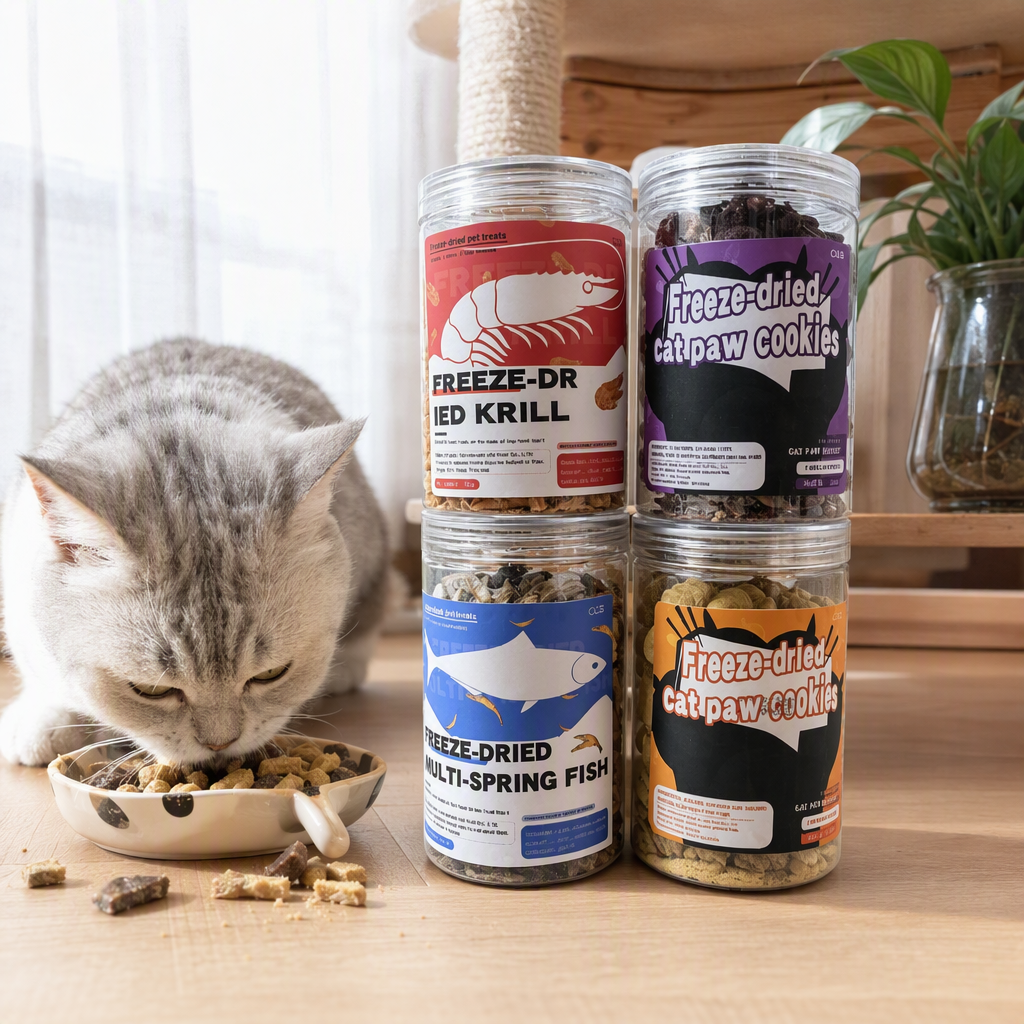 Transparent canned freeze-dried pet snacks for cats, including shrimp, fish, cat paw cookies, chicken, and pet chicken freeze-dried cans for wholesale Specification image