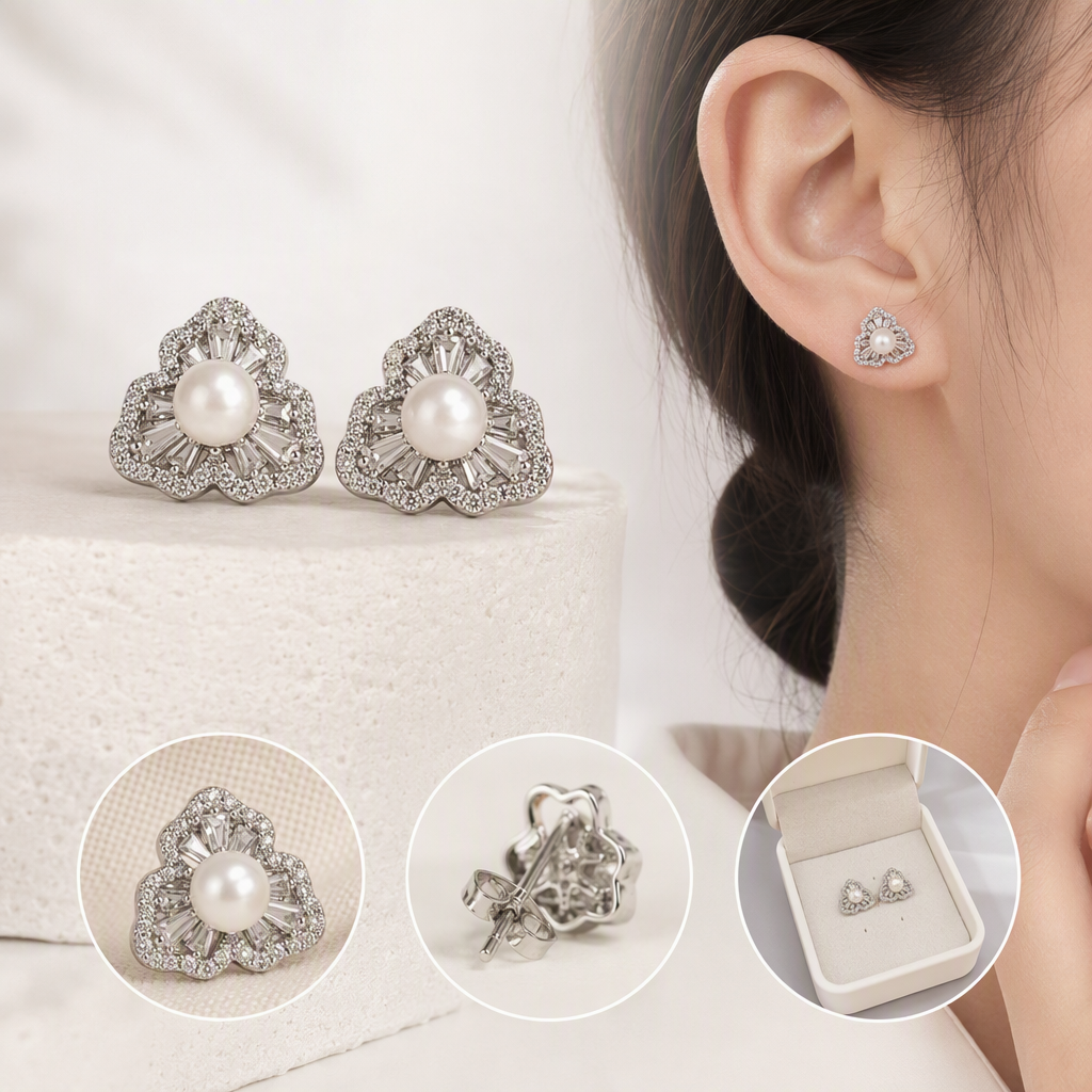 White jewelry storage box with pearl and diamond stud earrings, fashionable, simple and elegant accessory gift box