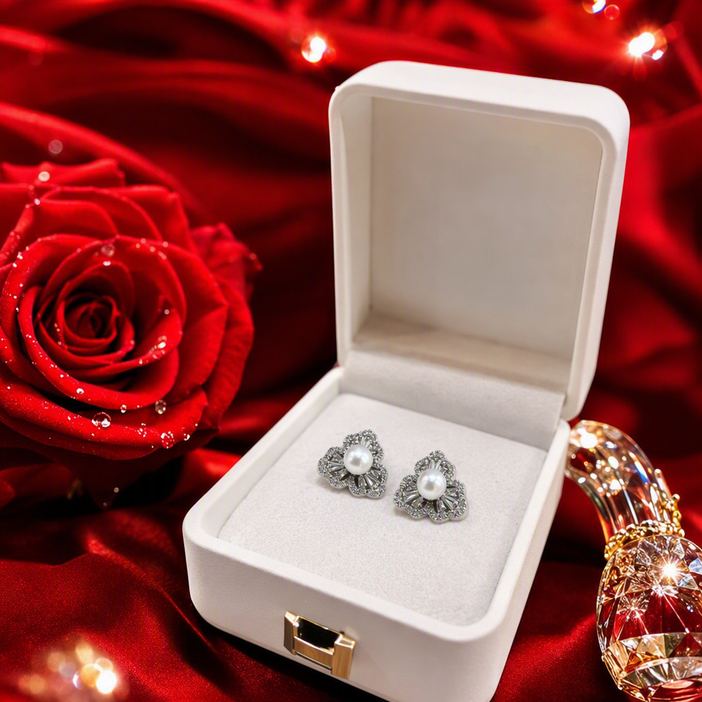 White jewelry storage box with pearl and diamond stud earrings, fashionable, simple and elegant accessory gift box Specification image