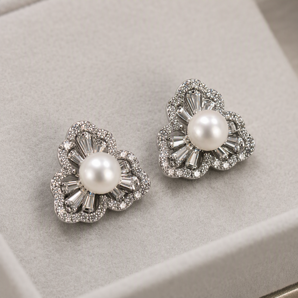 White jewelry storage box with pearl and diamond stud earrings, fashionable, simple and elegant accessory gift box Application Scenario