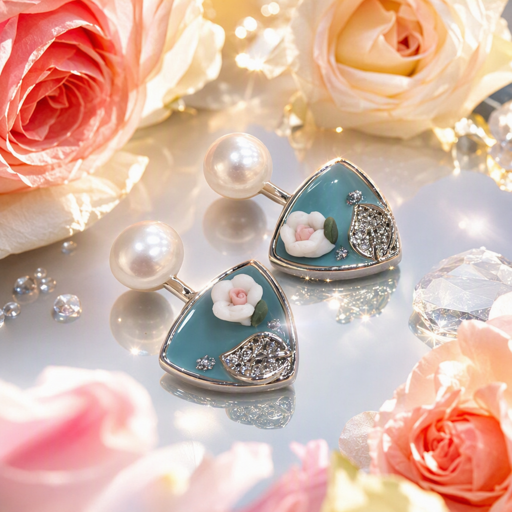 The blue background with white flower pearl stud earrings in the white jewelry box are simple, elegant and elegant earrings for women Specification image