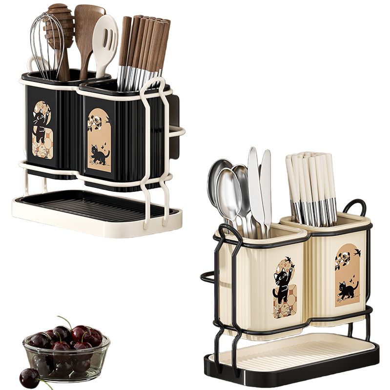 The creative cat pattern black and white chopstick rack, draining bucket and kitchenware storage rack are simple and practical Item Picture