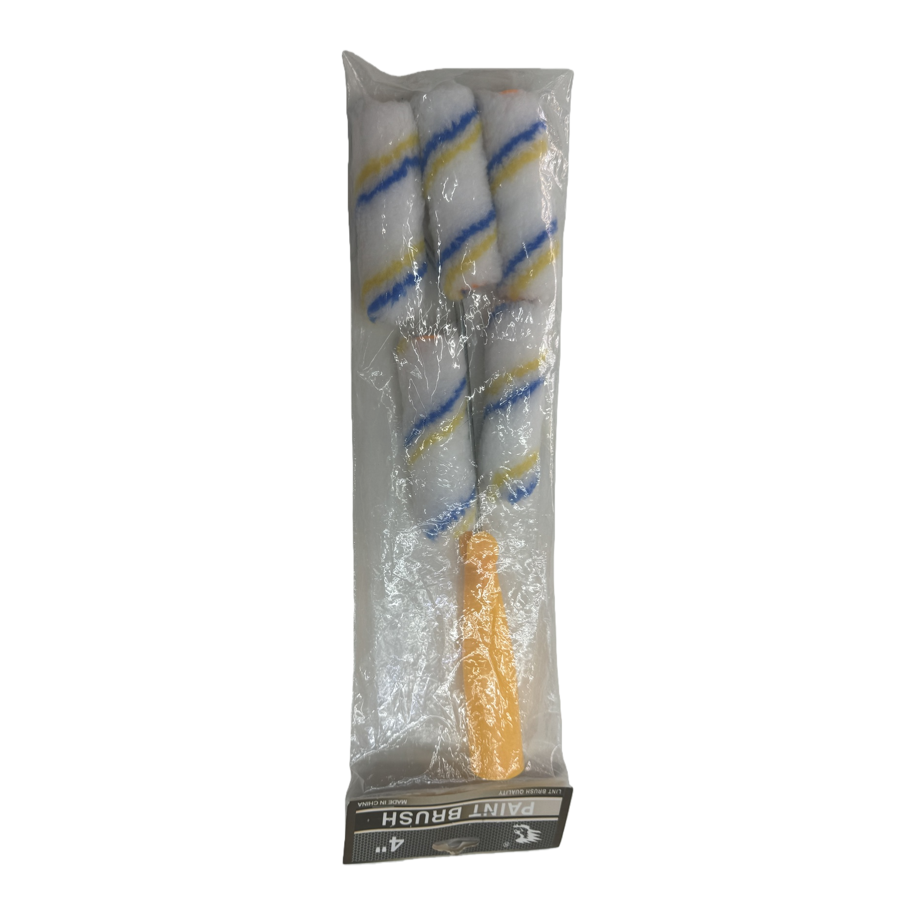 5 pieces of blue and yellow striped roller brush with orange handle paint tool set in transparent plastic packaging Application Scenario