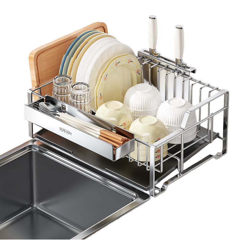 Stainless steel multi-functional draining rack, tableware storage rack, kitchenware shelving rack, dry-wet separation kitchen storage wonder Item Picture