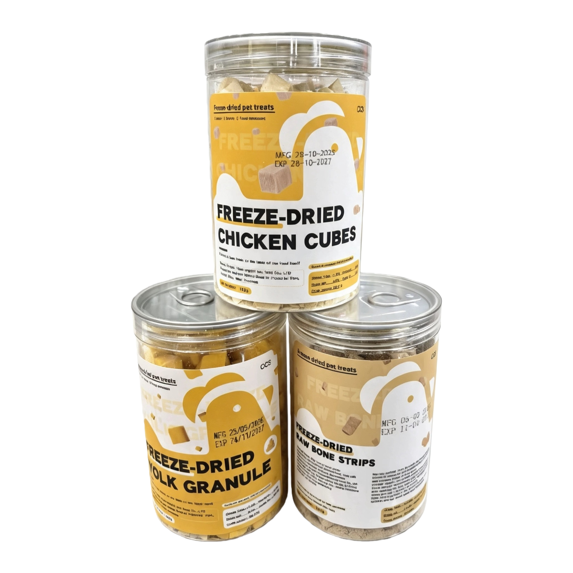 Cat Cat Snacks Transparent can freeze-dried pet snacks Chicken cubes, cube egg yolk granules, raw bone strips, multi-flavor pet chicken granules factory direct sales Item Picture