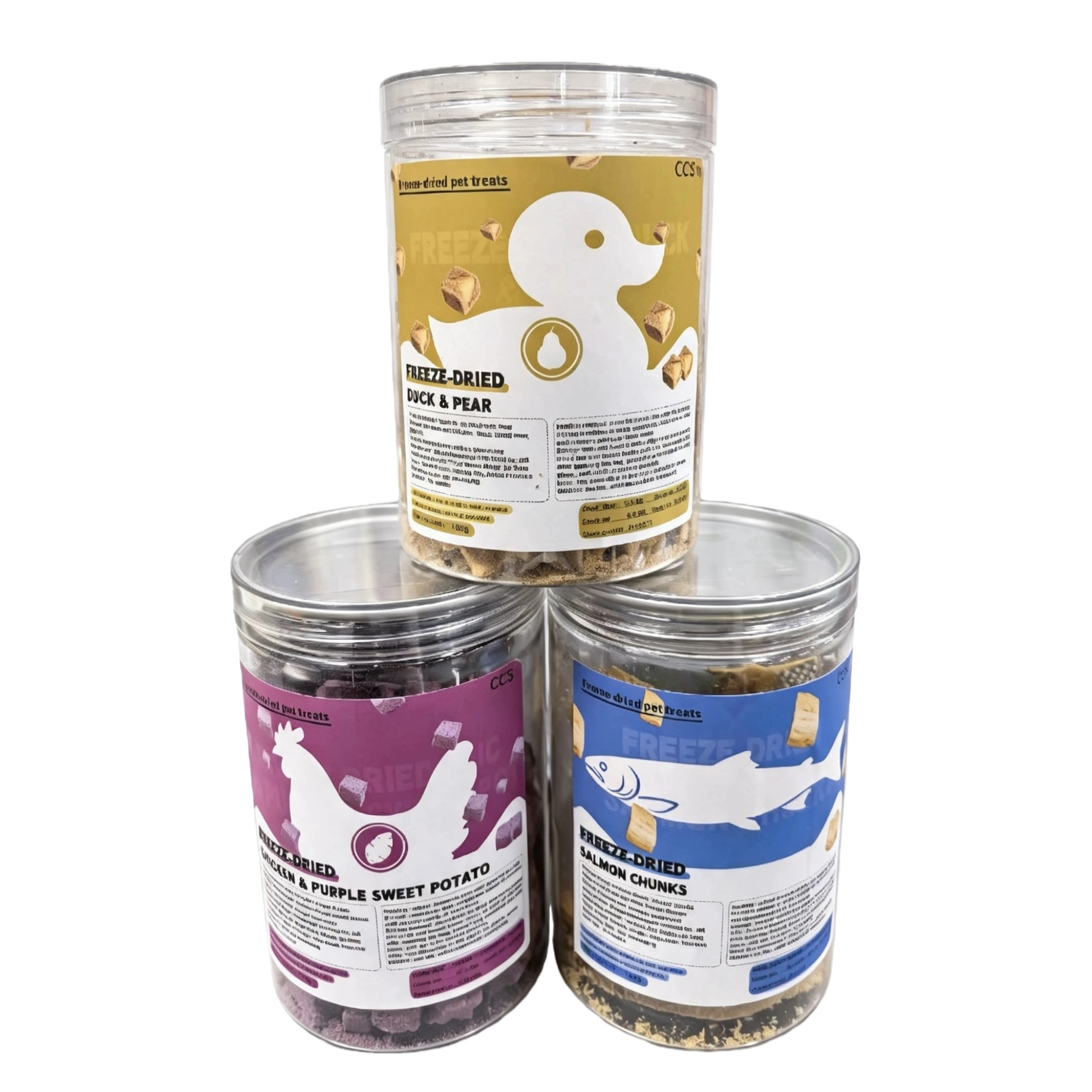 Three-can set of pet freeze-dried snacks: duck meat, pear, chicken, purple sweet potato, salmon chunks. Sealed plastic cans. Customized freeze-dried wholesale of pet snacks Item Picture