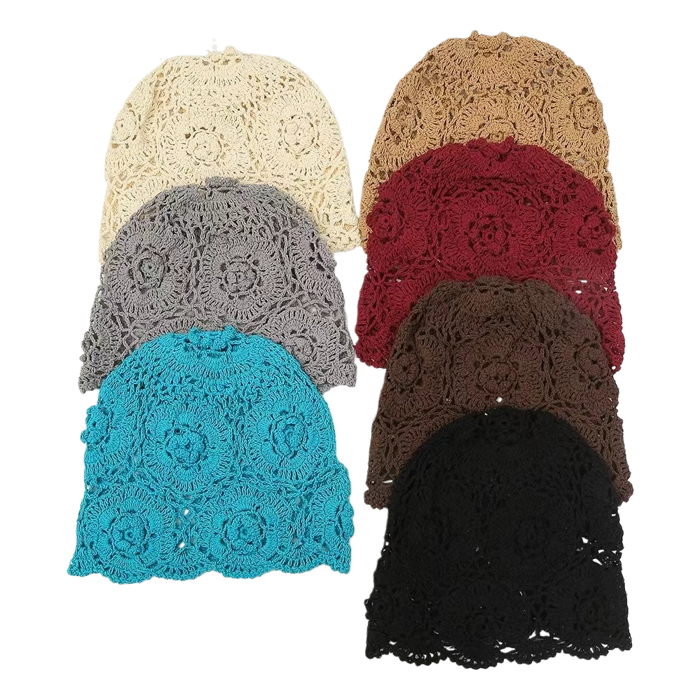 This multi-color crocheted flower-patterned fashionable hat is a versatile and warm choice for women in spring and autumn Item Picture