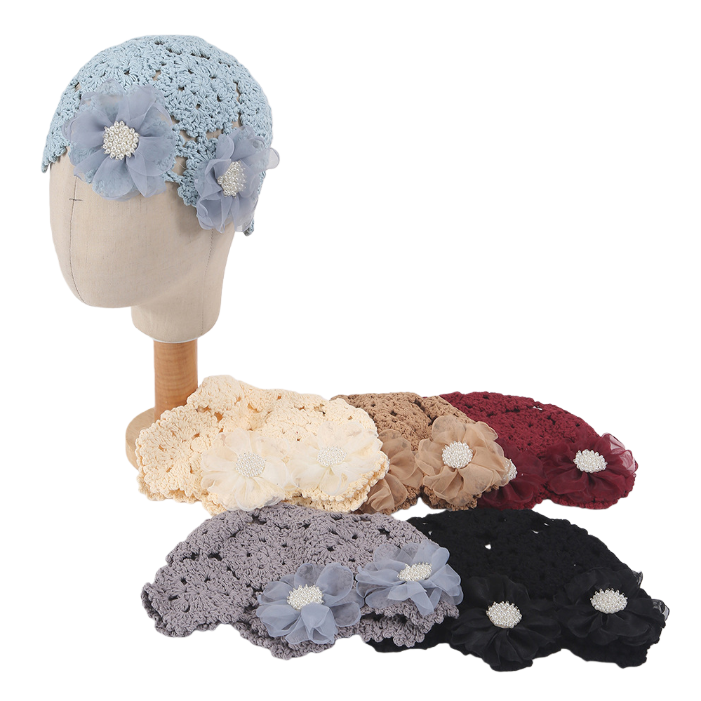 Hand-woven fashionable hat accessories featuring multi-color crochet hats with gauze flower decorations and model headwear Item Picture