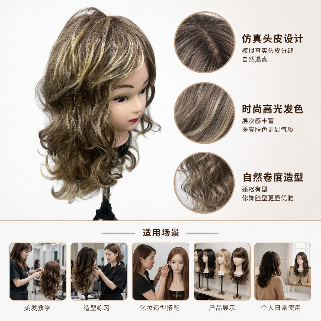 Golden curly hair dummy head display model, hairstyle styling practice, hairdressing teaching props