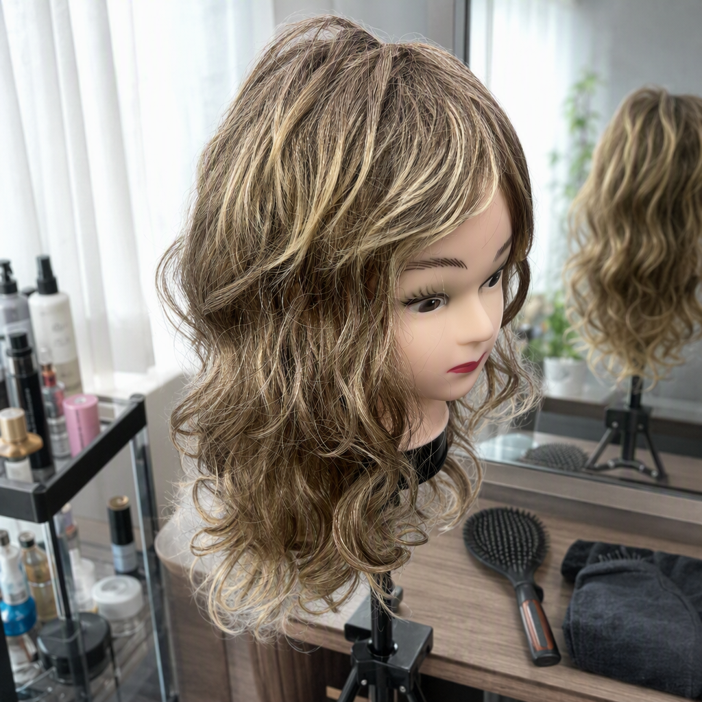 Golden curly hair dummy head display model, hairstyle styling practice, hairdressing teaching props details Picture