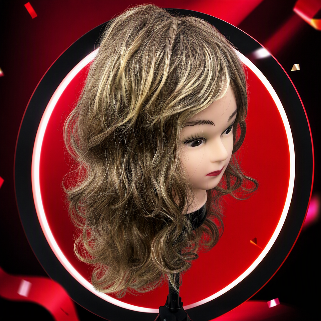 Golden curly hair dummy head display model, hairstyle styling practice, hairdressing teaching props Specification image