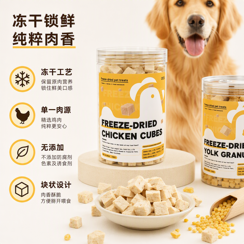 Cat Cat Snacks Transparent can freeze-dried pet snacks Chicken cubes, cube egg yolk granules, raw bone strips, multi-flavor pet chicken granules factory direct sales Specification image