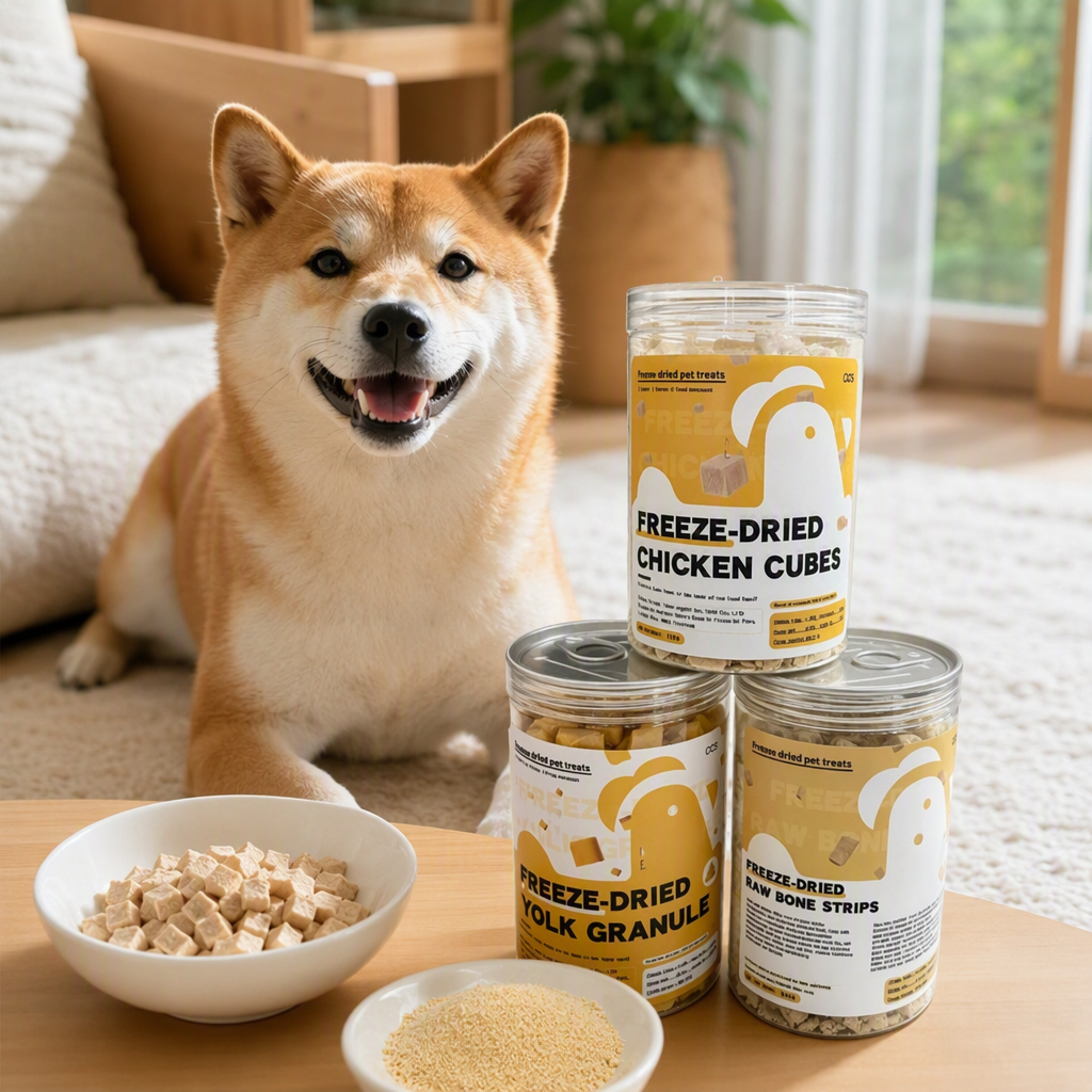 Cat Cat Snacks Transparent can freeze-dried pet snacks Chicken cubes, cube egg yolk granules, raw bone strips, multi-flavor pet chicken granules factory direct sales