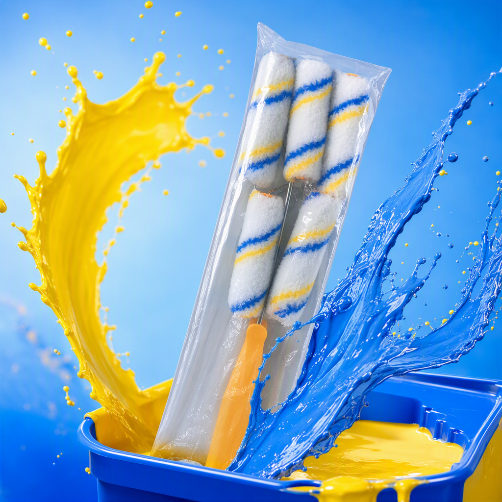 5 pieces of blue and yellow striped roller brush with orange handle paint tool set in transparent plastic packaging details Picture