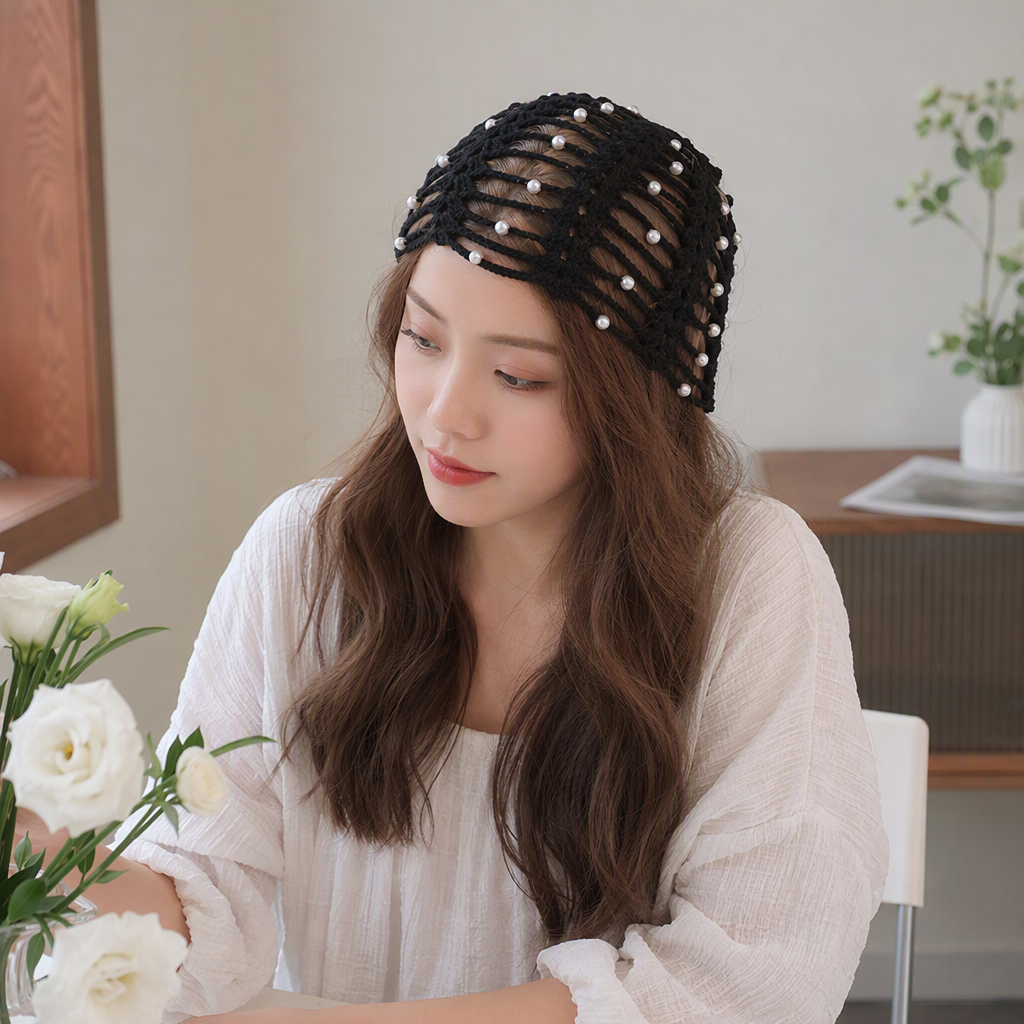Black pearl woven hair band wig models showcase fashionable hair accessories and trendy hair styling combinations details Picture