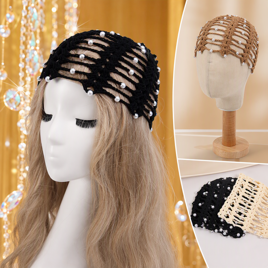 Black pearl woven hair band wig models showcase fashionable hair accessories and trendy hair styling combinations Specification image