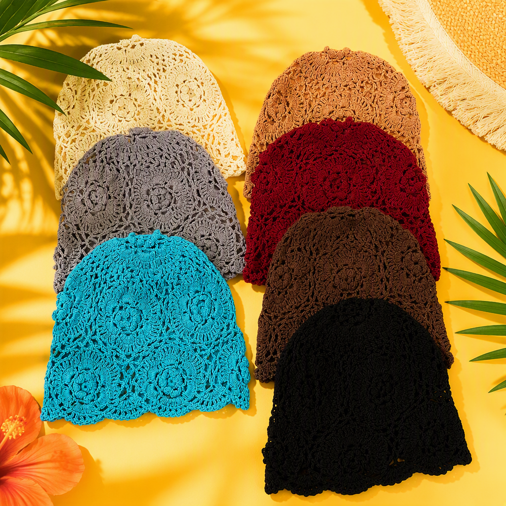 This multi-color crocheted flower-patterned fashionable hat is a versatile and warm choice for women in spring and autumn Specification image