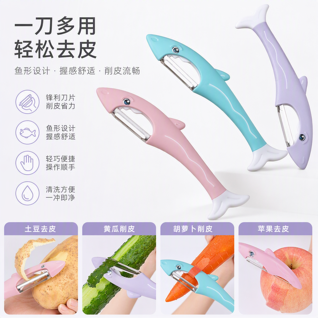 Colorful shark-shaped fruit peeler, children's kitchenware, creative peeler tool, cute manual peeler