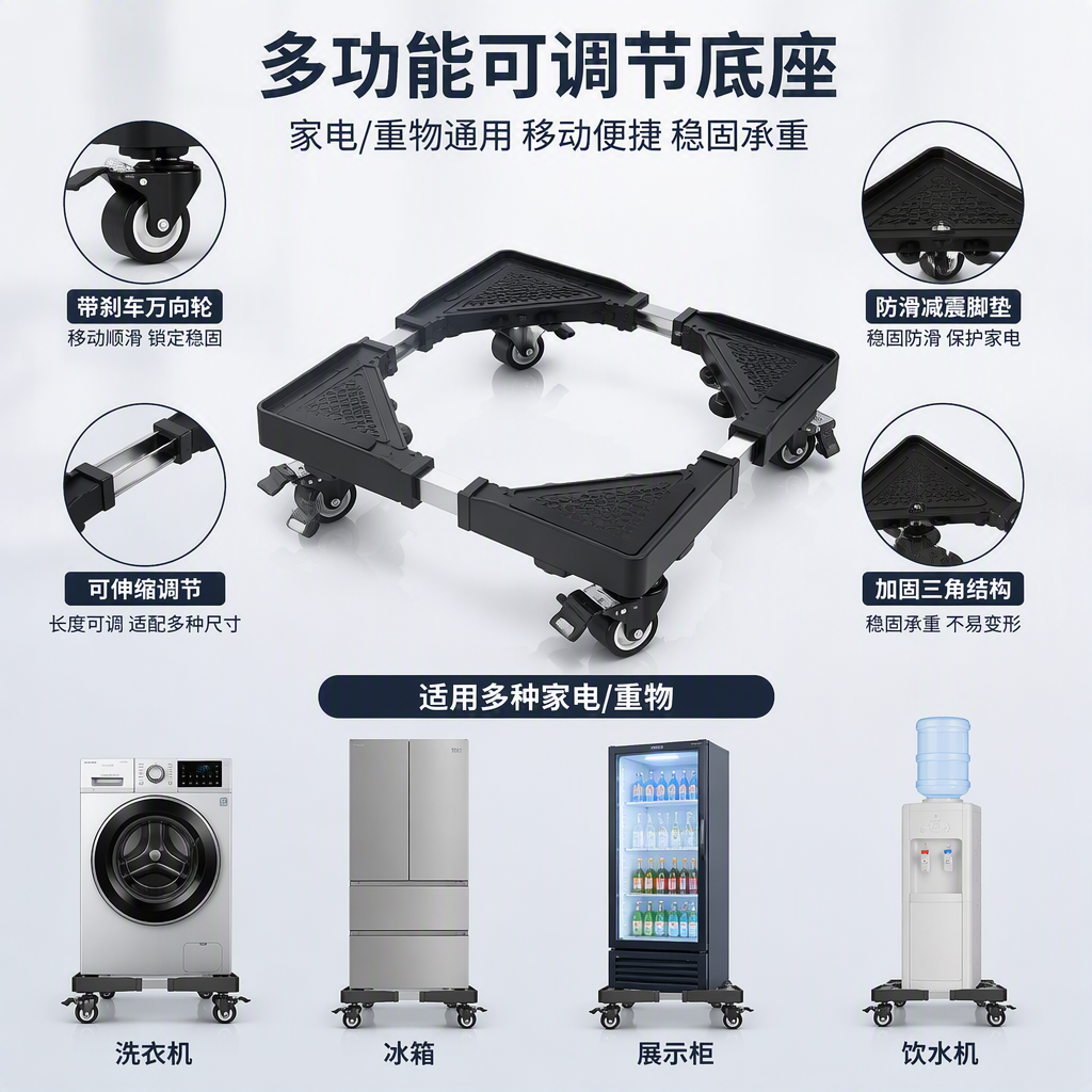 多功能黑色可调节移动底座支架办公电脑支撑底盘便携底座