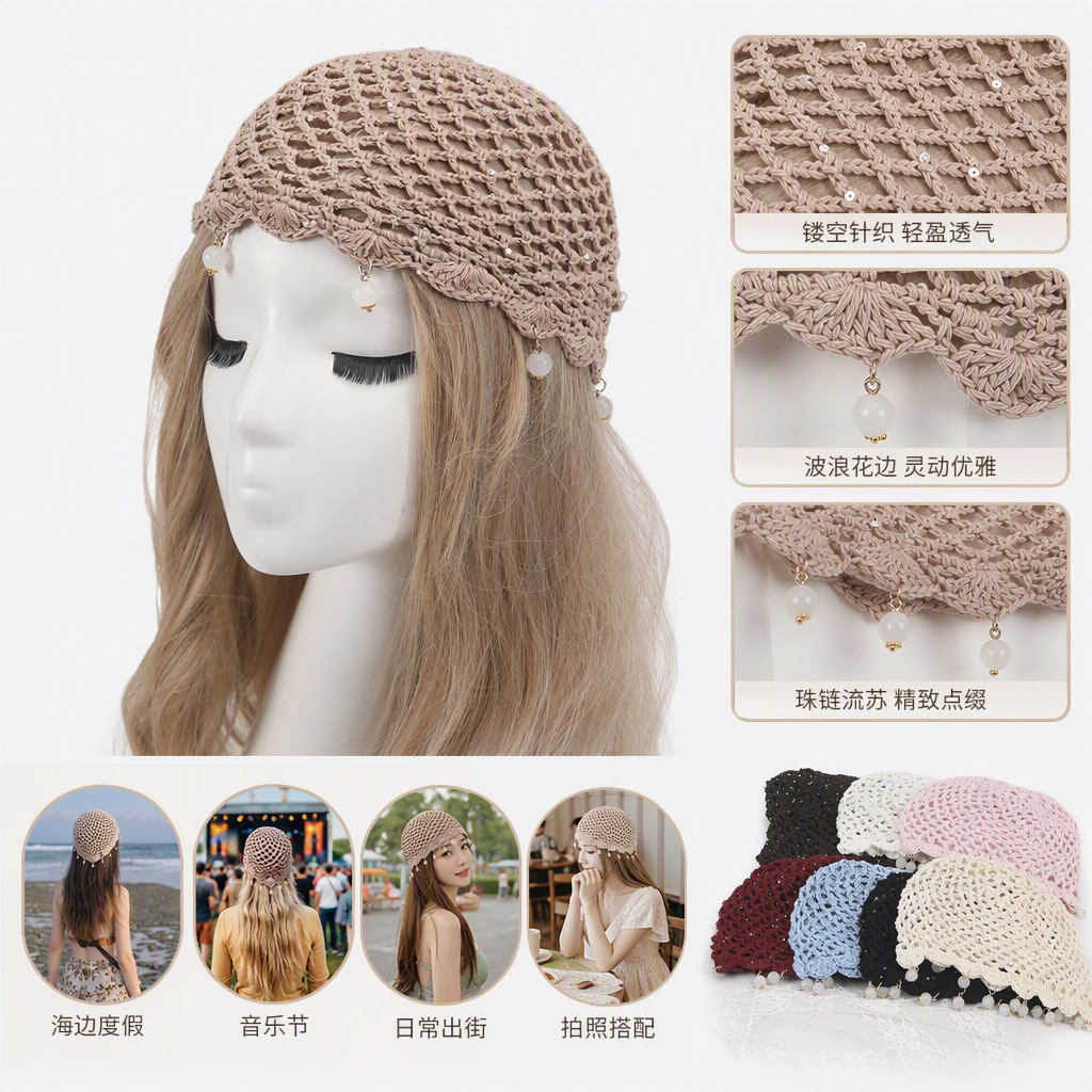 Cross-border sequined pearl cap, hand-woven hollowed-out thin breathable versatile headpiece cap, fashionable solid color knitted woolen cap